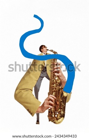 Poster. contemporary art collage. Artistic man with long arms virtuously playing jazz melodies on sax. Trendy urban magazine style Concept of music and dance, self-expression, inspiration.