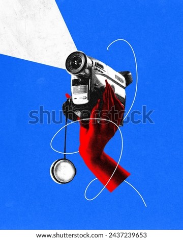 Poster. Contemporary art collage. Hand in red monochrome filter holds vintage video camera against blue background. Vibrant abstract design. Concept of art, vintage things, mix old and modernity. Ad