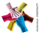 Poster. Contemporary art collage. Hands in vibrant color blocks coming together in center, symbolizing unity. Concept of business development and collaboration, teamwork, teambuilding. Ad