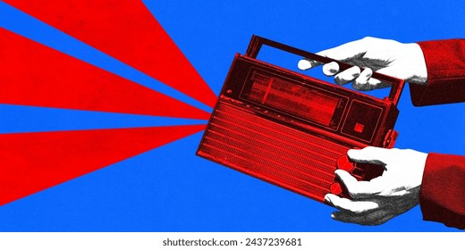 Poster. Contemporary art collage. Hands holds vintage radio receiver in red monochrome filter against blue background. Concept of art, vintage things, mix old and modernity. Copy space for ad