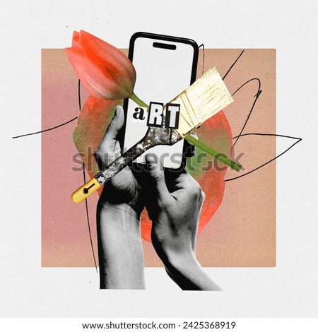 Poster. Contemporary art collage. Hands holding smartphone with paintbrush and word Art on screen with tulip. Concept of fusion of traditional and digital art, digitalization, virtual reality.
