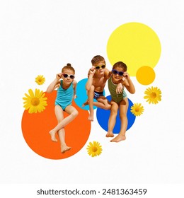 Poster. Contemporary art collage. Joyful atmosphere. Cute children, friends posing playfully against white background with colorful circles and flowers. Concept of holidays, childhood, summertime. Ad - Powered by Shutterstock