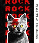 Poster. Contemporary art collage. Kitten with crazy yellow eyes and red lightning bolt on muzzle siting against background with inscription Rock. Concept of Rock-n-roll day, concert. Magazine style.