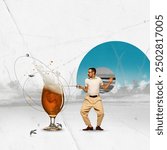 Poster. Contemporary art collage. Man, fencer in retro attire energetically next to foaming glass of beer with foamy splash. Concept of celebration and sport events, competition, party and victory. Ad