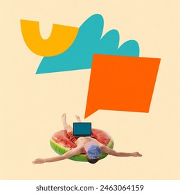 Poster. Contemporary art collage. Man lying, sleeping on watermelon pool float, tired of work in laptop against background with abstract elements. Concept of creative office, co-working center. Ad - Powered by Shutterstock