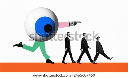 Poster. Contemporary art collage. Man with eyeball instead of body pointing to crowd in monochrome filter in which direction to go. Concept of propaganda, manipulation, control, mental pressure.