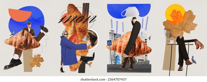 Poster. Contemporary art collage. Modern creative artwork. Set made of posters Working mornings and breakfasts, lunches of week with inscription mon. Concept of autumn, fashion, fall vibe. ad - Powered by Shutterstock