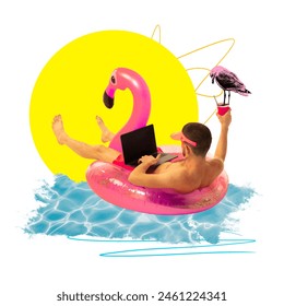 Poster. Contemporary art collage. modern work environments and unusual places. Man in lifebuoy swimming in sea and works online. Concept of work and study in distance, freelance, Internet, new normal. - Powered by Shutterstock