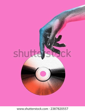 Poster. Contemporary art collage. Modern creative artwork. Female hand holding vintage disk for recording in old paper style isolated pink background. Concept of youth culture, retro, technology.