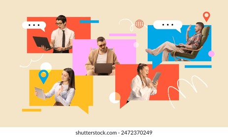 Poster. Contemporary art collage. Professionals engaging in remote work and communication via laptops and tablets against background with speech bubbles. Concept of work from home, online. Ad - Powered by Shutterstock