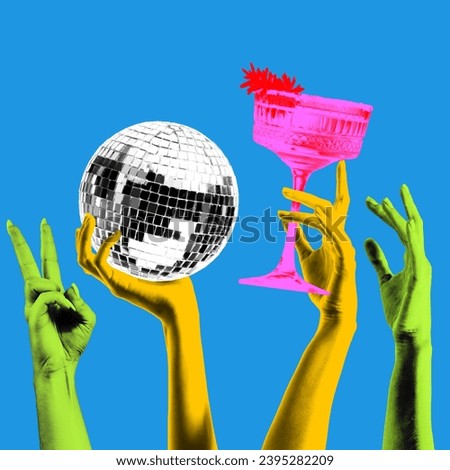 Poster. Contemporary art collage. Raising hands holds cocktails and disco ball against pastel retro background. Bright comics style design. Concept of art, disco, party, retro fashion, happy and fun.