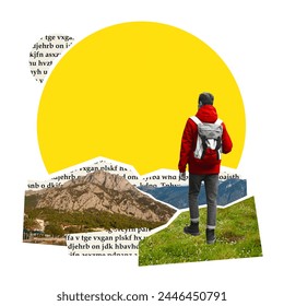 Poster. Contemporary art collage. Rear view of man goes to mountains with large backpack and bright sportswear. Concept of travelling, holidays and vacations. Around the world. Trendy magazine style. - Powered by Shutterstock