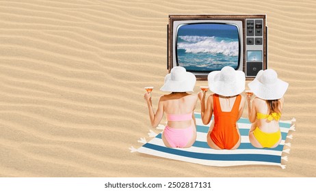 Poster. Contemporary art collage. Rear view of woman sitting on sandy beach, drinking cocktails, sunbathing and watching retro TV. Concept of holiday, vacation, relaxation, modernity and vintage. Ad - Powered by Shutterstock