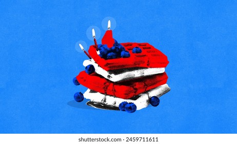 Poster. Contemporary art collage. Stack of three waffles topped with blueberries and two lit candles, looks as American Flag. Grainy fabric effect. Concept of Independence day of USA, celebration. - Powered by Shutterstock