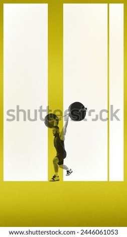 Poster. Contemporary art collage. Strong, young athlete man, bodybuilder doing exercises with barbell against striped background. Concept of sport, active lifestyle, tournament. Retro art style.