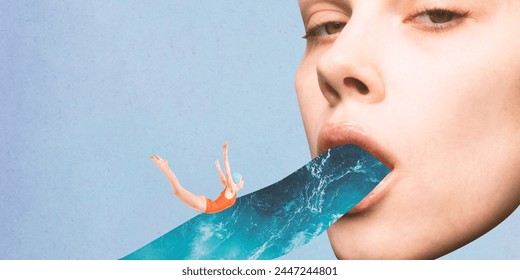 Poster. Contemporary art collage. Surreal artwork of swimmer diving into water flowing from woman's mouth against blue background. Concept of inspiration, surrealism, fashionable. Pop art. - Powered by Shutterstock