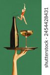 Poster. Contemporary art collage. Swimmer jumps from wine bottle diving to cocktail glass against green background. Concept of food and drink, vegetarian, vitamins, energy, nutrition. Ad
