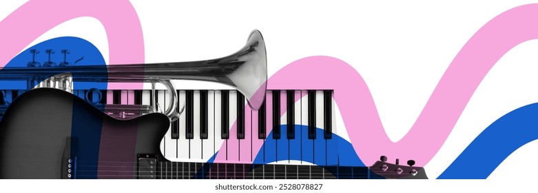 Poster. Contemporary art collage. Trumpet, guitar, and keyboard combination with abstract pink and blue waves, blending classical and modern music elements. Concept of musical events, rhythm. Ad - Powered by Shutterstock - Get 15% off with code: PIKWIZARD15