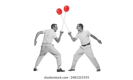 Poster. Contemporary art collage. Two athletic men, dressed retro attire, fencing in motion with candies on sticks instead of swords. Concept of sport, active and healthy lifestyle, comedy. - Powered by Shutterstock