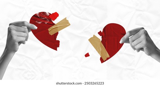 Poster. Contemporary art collage. two hands holding broken heart pieces that taped together. hands gently trying glue broken heart with care. Old paper filter. Concept of Valentines Day, relationship.