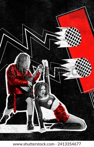 Poster. Contemporary art collage. Two ardent fans of energetic heavy metal , man and woman, dancing and loudly singing. Concept of Rock-n-roll day, concert, festival. Magazine style.
