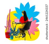 Poster. Contemporary art collage. Woman sitting at desk with laptop and headphones working online against abstract floral environment. Concept of work and study in distance, freelance, new normal. Ad