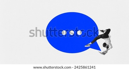 Poster. Contemporary art collage. Woman handstand position using laptop, integrated into blue speech bubble on white background. Concept of multimedia, digital reality, technology, innovations. Ad