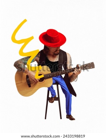 Poster. contemporary art collage. Young man in red hat with huge body nd small legs virtuously playing melodies on guitar. Concept of music and dance, self-expression. Trendy urban magazine style