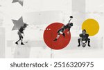 Poster. Contemporary artwork. Football players depicted in different action poses, highlighting their athleticism. Paper texture. Vintage style design. Concept of sport event, betting, game, victory.