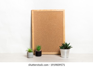 Poster With Copy Space. Mockup Of A Wooden Frame With Home Plant Succulents And Cactus In Pods. Scandinavian-style Interior. White, Minimalism. Copy Space