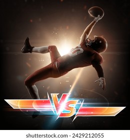 Poster. Creative collage with American football player in motion and letters VS for versus matchups, illuminated in red-yellow with glinting highlights. Concept of sport, tournament, championship. - Powered by Shutterstock