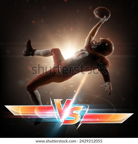 Poster. Creative collage with American football player in motion and letters VS for versus matchups, illuminated in red-yellow with glinting highlights. Concept of sport, tournament, championship.