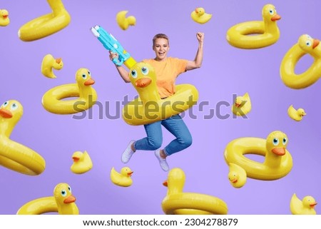 Poster creative realistic 3d collage of champion lady tourist swimming on duck rubber buoy win opponents in poolside game