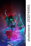 Poster. Feel pulse of neon nights as beats collide with colors, where DJ and singer light up night in surreal fusion of sound and energy. Concept of nightclub party, dance and music. Ad