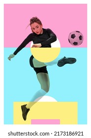 Poster With Female Soccer, Football Player In Motion And Action With Ball On Absract Colorful Background With Geometric Elements. Concept Of Sport, Energy And Power, Ad, Achievements. Halftone Effect