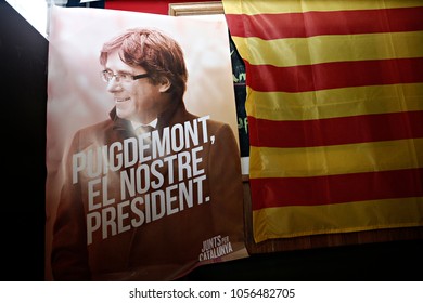 Poster Of Former Catalan Leader Carles Puigdemont At Pub In Brussels, Belgium On Dec. 17, 2017.