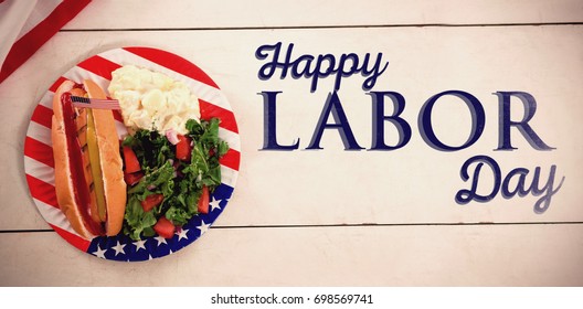 Poster Of Happy Labor Day Text Against Hot Dog With American Flag In Plate