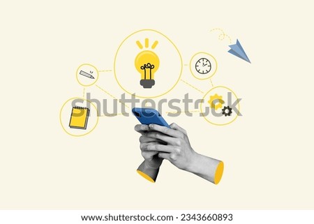 Poster illustration collage of male hands use modern device planning work writing notes idea isolated on drawing white color background