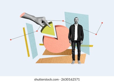 Poster image collage of person stand near pie chart with hand on blue background