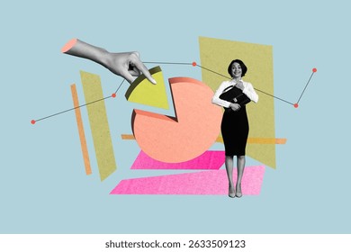 Poster image collage of person work stand near pie chart with hand on blue background
