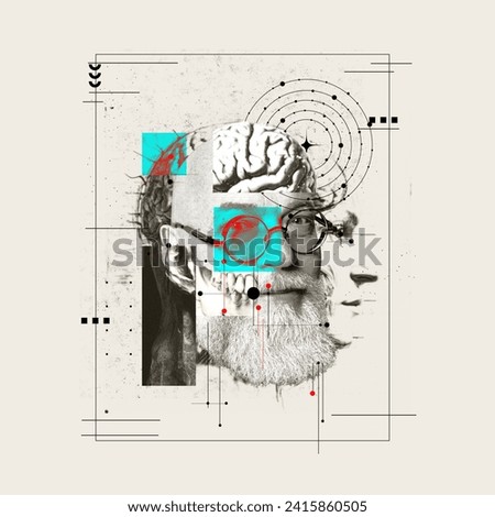 Poster for a lecture series on neuroscience and the aging process. Artistic montage of an elderly man with brain illustration and abstract digital overlays. Psychology, surrealism art concept