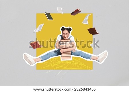 Poster magazine sketch collage of positive cute girl sit hug pile stack books adore reading fantasy story isolated on drawing background