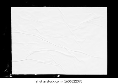 Poster Mockup Isolated On Black Background. Blank Glued Creased Paper Sheet Texture