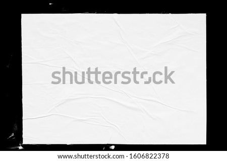Poster mockup isolated on black background. Blank glued creased paper sheet texture