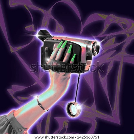 Poster. Modern aesthetic artwork. Female hand holds vintage video camera against abstract gradient background. Trendy Y2K style and retro futurism. Concept of youth, nostalgy, technology, digital age.