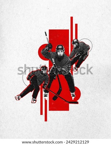 Poster. Modern aesthetic artwork. Strong athlete woman, hockey player with stick against background with geometry shapes. Grainy fabric effect. Concept of sport, tournament, champion, games, motion.