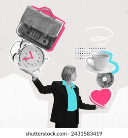 Poster. Modern aesthetic artwork. Woman in monochrome filter balancing briefcase and alarm clock, with coffee and heart nearby. Concept of work and personal life balance, time management, career. - Powered by Shutterstock