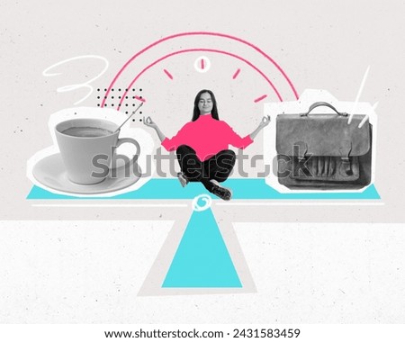 Poster. Modern aesthetic artwork. Woman meditating sitting on scales with cup of coffee and bag with dial on background. Concept of work and personal life balance, time management, career.