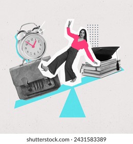 Poster. Modern aesthetic artwork. Young woman trying to balancing on desk with bag, clock and books, symbolizing work and study. Concept of work and personal life balance, time management, career.