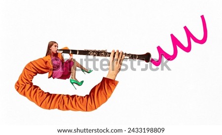 Poster. Modern aesthetic artwork. Young woman dressed vibrant outfit virtuously playing clarinet with blue swirls turns out of it. Concept of music and dance, inspiration. Trendy urban magazine style